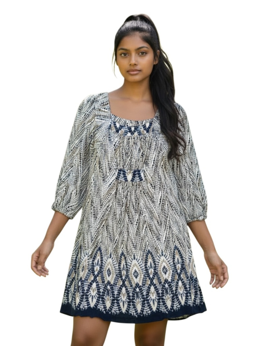 Anna Sui Ikat Geometric Dot 3/4 Sleeve Shift Dress size M